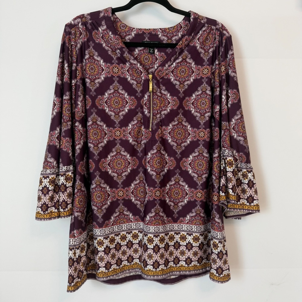 Roz & Ali Purple‎ Paisley Medallion Zip Neck Bell Sleeve Blouse Top 1X Boho